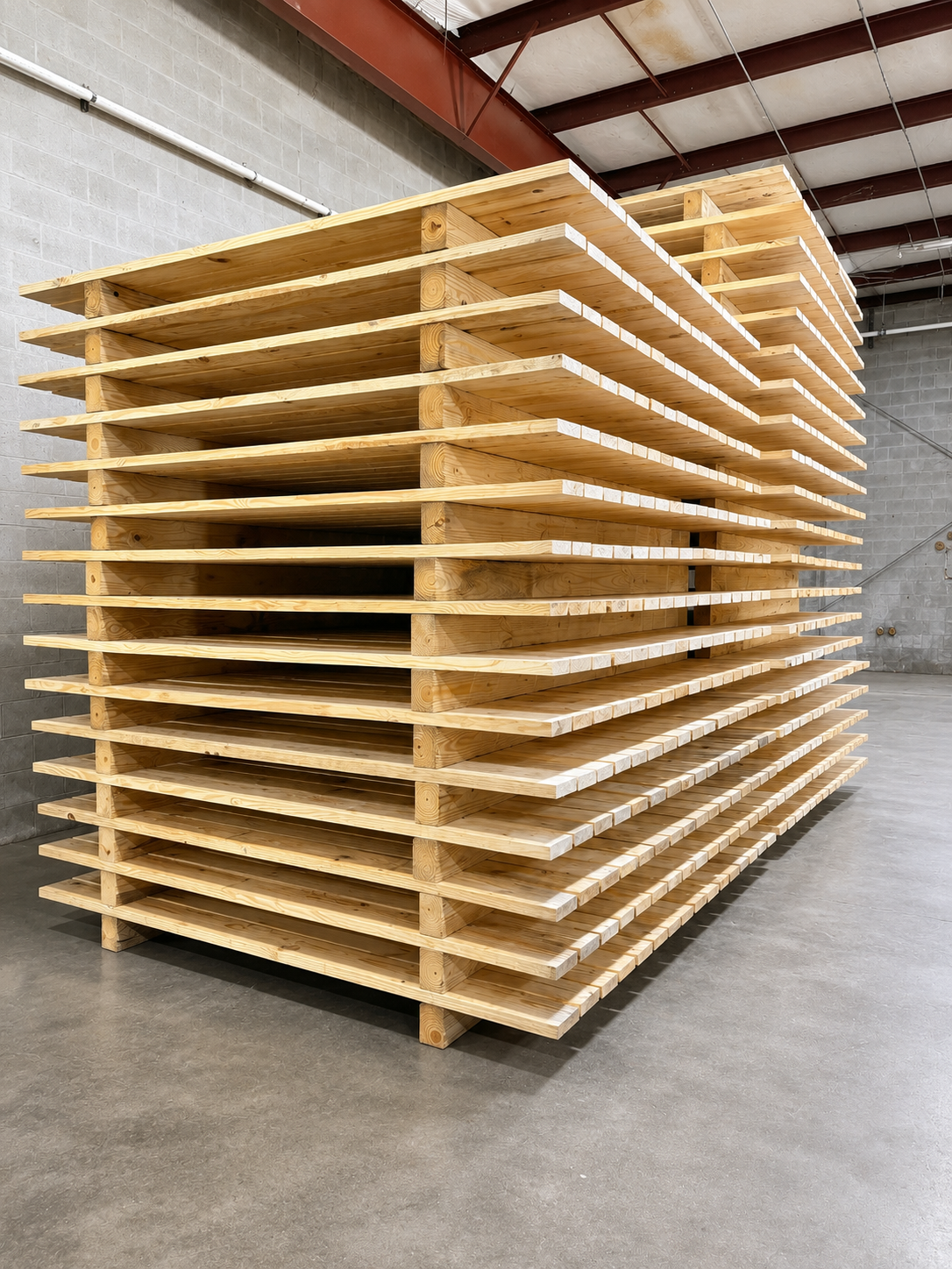 Stack of newly built custom wooden pallets in the Best Pack facility