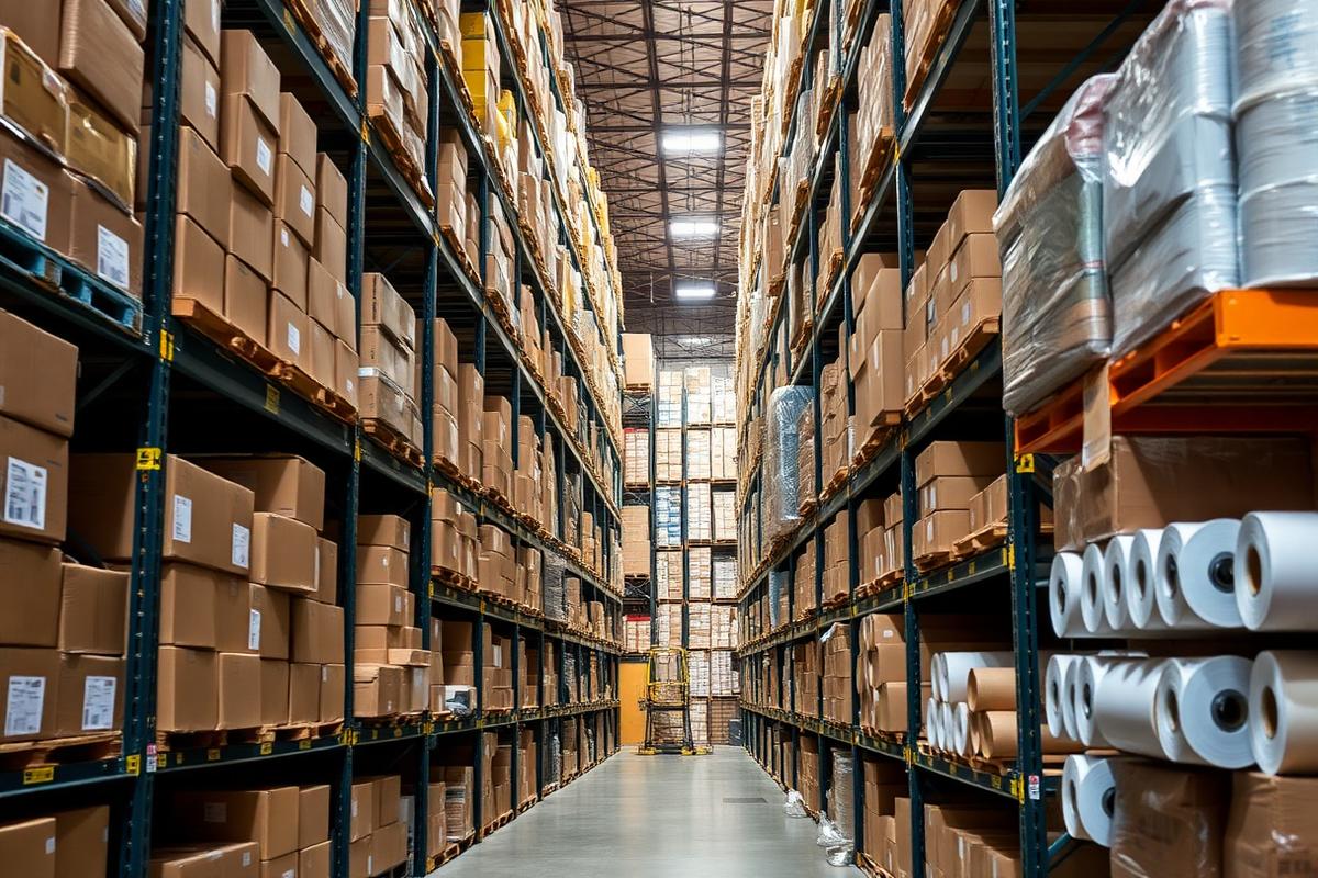 Warehouse racking stocked with packaging supplies